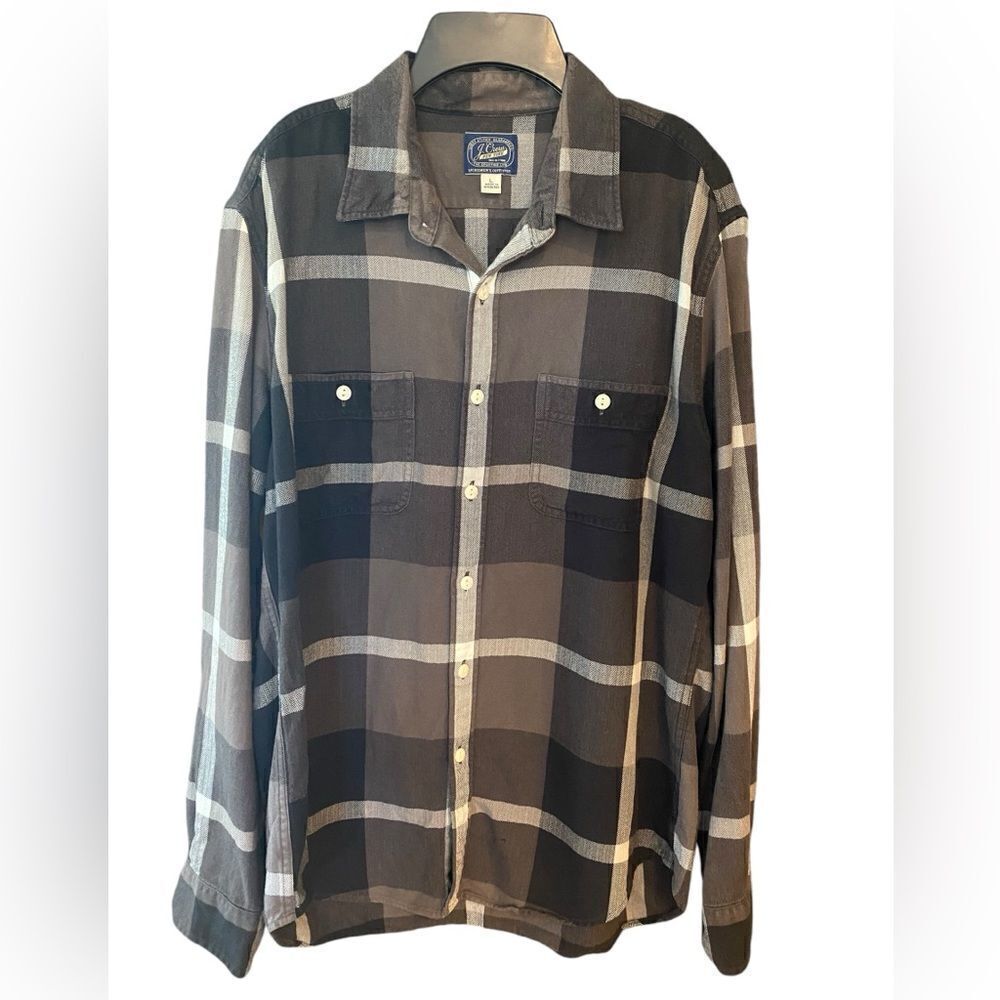 J. Crew New York Sz L Gray Plaid Classic Button-Up Collar Flannel Shirt